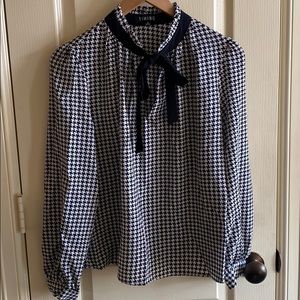 Houndstooth Long-sleeve Tie Neck Blouse
